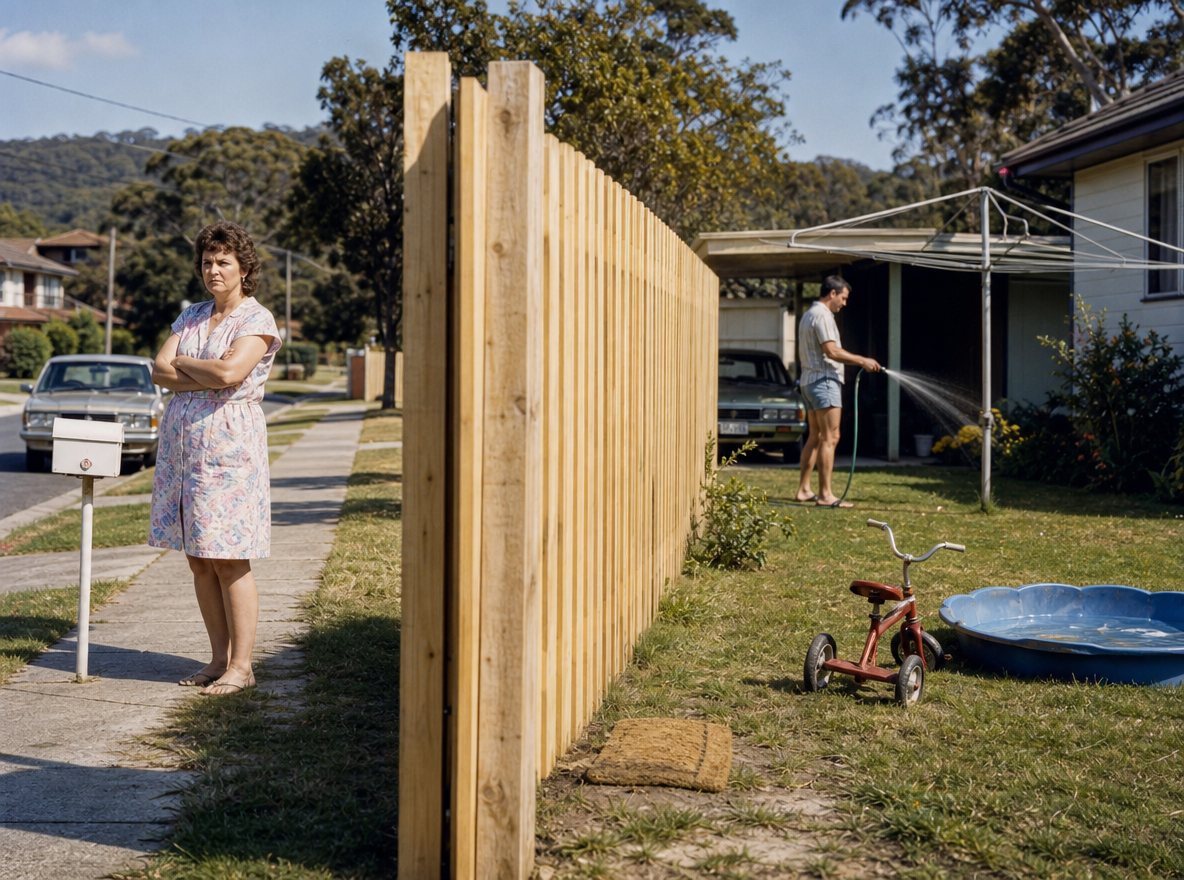 Editorial artwork: a new, too-tall pine paling fence between two 1980s fibro houses on a sunny street. A woman stands at her letterbox with her arms folded on one side; a man waters his lawn on the other. A red tricycle and a paddling pool sit on the grass.