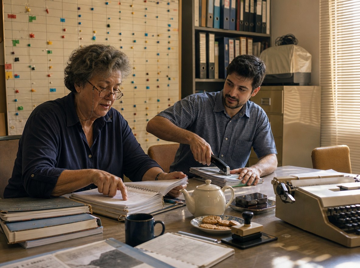 Editorial artwork: two people at a laminate table in a sunlit 1990s community health office, a woman in her fifties reading a thick ring-bound report and a younger man stapling pamphlets, in front of a year planner covered in coloured pins and shelves of binders. A small television sits switched off under a dust cover on a filing cabinet in the corner.